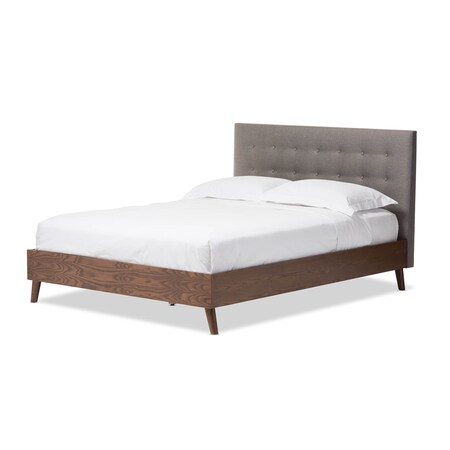 Baxton Studio Alinia Grey Upholstered Walnut Wood Full Size Platform Bed 123-6826